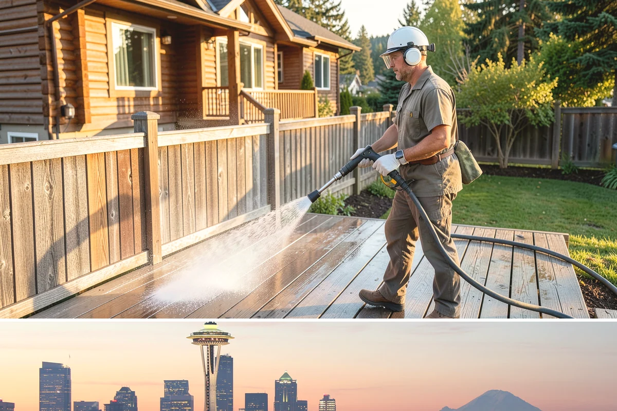 Deck Railing Cleaning in Seattle, King County, WA - Clean deck railings alongside the deck floor in dry summer weather for an even finish.