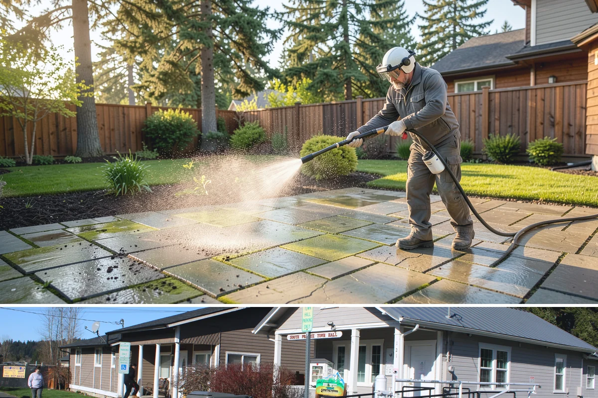 Deck Railing Cleaning in South Prairie, Pierce County, WA - Clean deck railings alongside the deck floor in dry summer weather for an even finish.