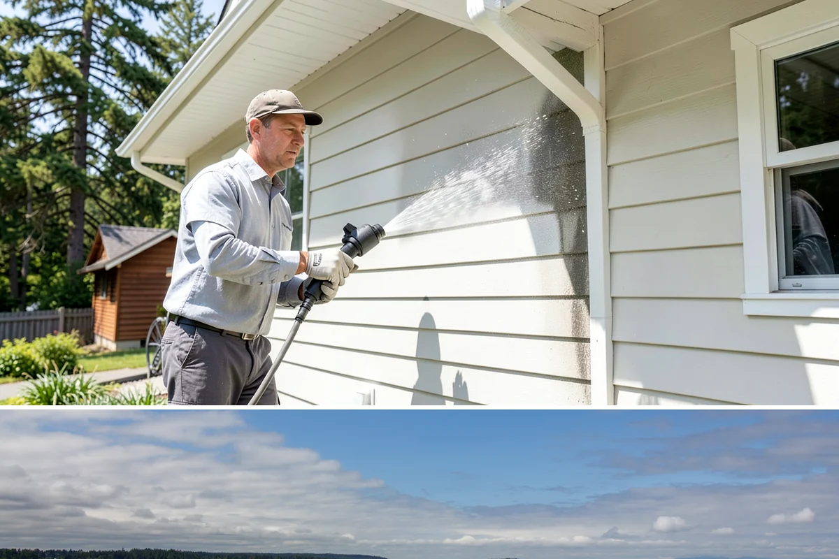 Deck Railing Cleaning in University Place, Pierce County, WA - Clean deck railings alongside the deck floor in dry summer weather for an even finish.