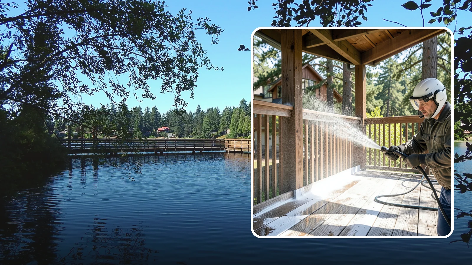 Deck Skirting Cleaning in Federal Way, King County, WA - We clean deck skirting panels to remove the moss, mud, and mildew that build along this low, shaded band beneath the deck.