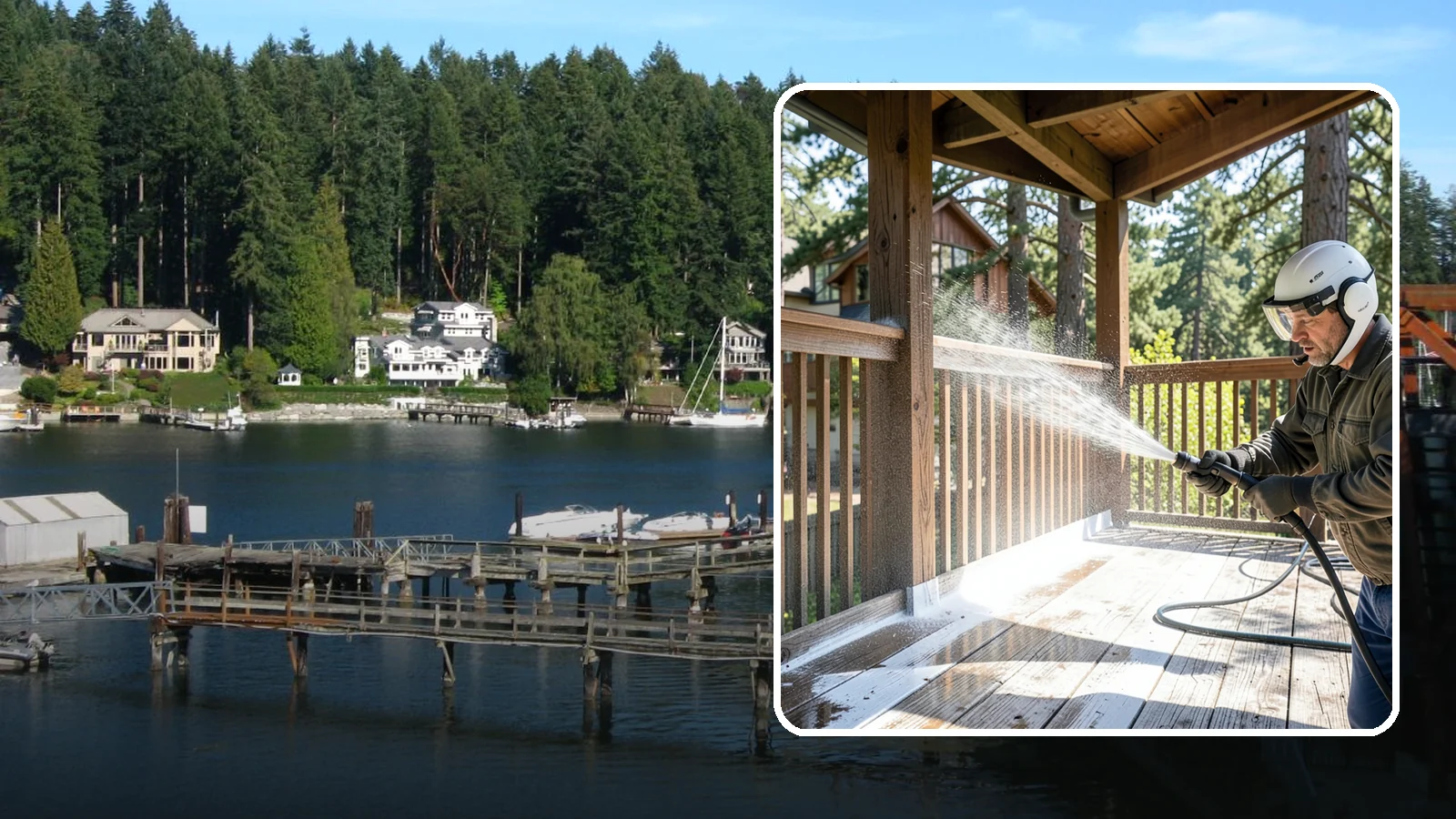 Deck Skirting Cleaning in Gig Harbor, Pierce County, WA - We clean deck skirting panels to remove the moss, mud, and mildew that build along this low, shaded band beneath the deck.