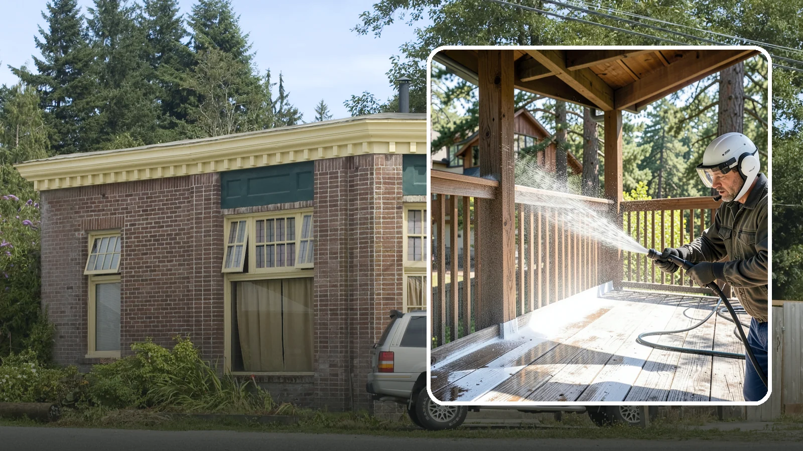 Deck Skirting Cleaning in Hamilton, Skagit County, WA - We clean deck skirting panels to remove the moss, mud, and mildew that build along this low, shaded band beneath the deck.