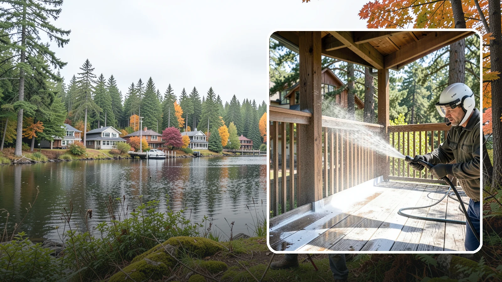 Deck Skirting Cleaning in La Conner, Skagit County, WA - We clean deck skirting panels to remove the moss, mud, and mildew that build along this low, shaded band beneath the deck.
