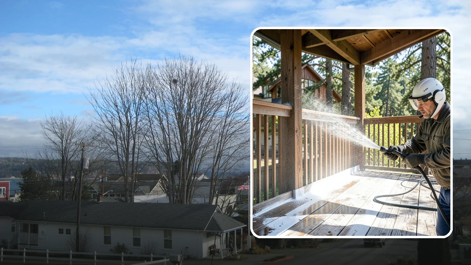Deck Skirting Cleaning in Langley, Island County, WA - We clean deck skirting panels to remove the moss, mud, and mildew that build along this low, shaded band beneath the deck.