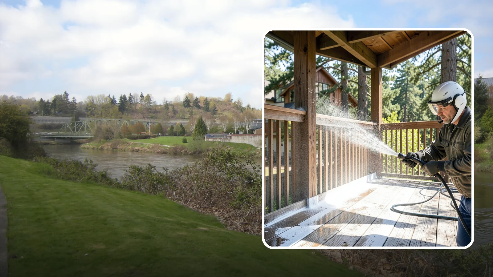 Deck Skirting Cleaning in Tukwila, King County, WA - We clean deck skirting panels to remove the moss, mud, and mildew that build along this low, shaded band beneath the deck.
