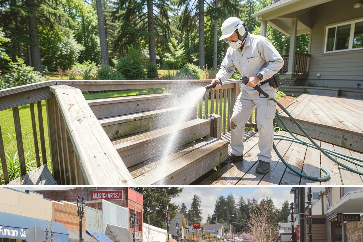 Deck Stain Stripping in Bothell, King County, WA - Strip deck stain in a dry summer window so bare wood dries before recoating.