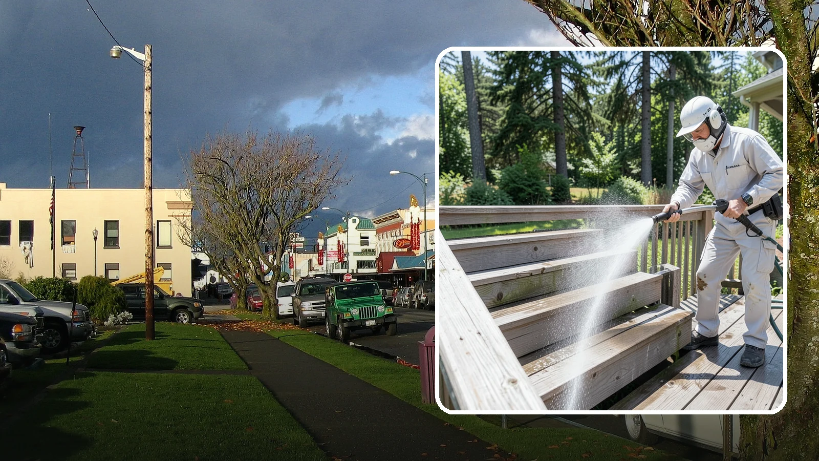 Deck Stair Cleaning in Arlington, Snohomish County, WA - Clean deck stairs and stringers to remove the slick growth that makes wet steps hazardous.