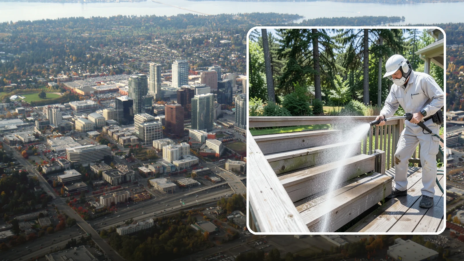 Deck Stair Cleaning in Bellevue, King County, WA - Clean deck stairs and stringers to remove the slick growth that makes wet steps hazardous.