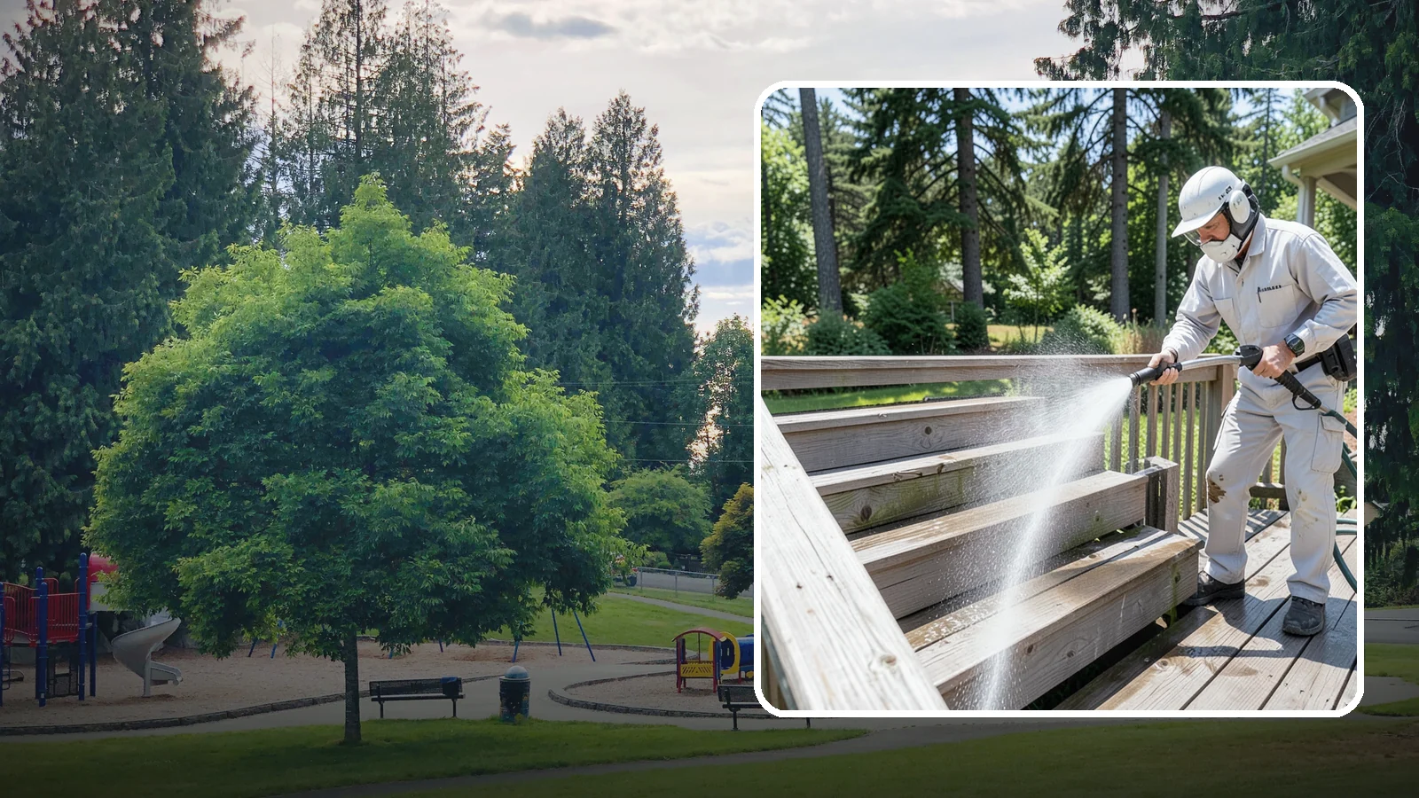 Deck Stair Cleaning in Bonney Lake, Pierce County, WA - Clean deck stairs and stringers to remove the slick growth that makes wet steps hazardous.