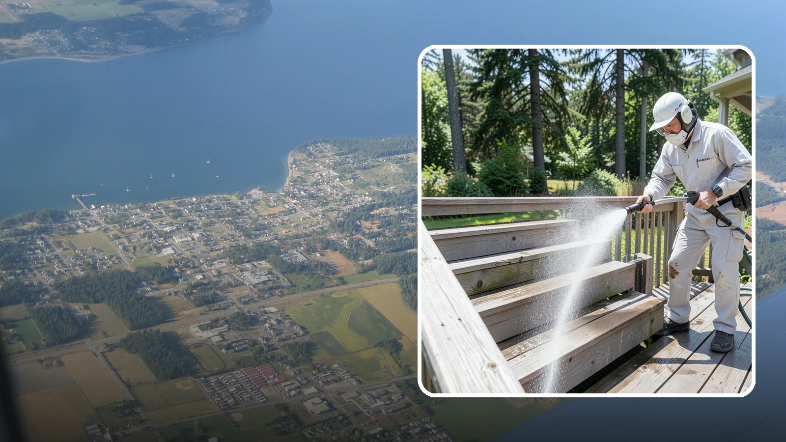 Deck Stair Cleaning in Coupeville, Island County, WA - Clean deck stairs and stringers to remove the slick growth that makes wet steps hazardous.