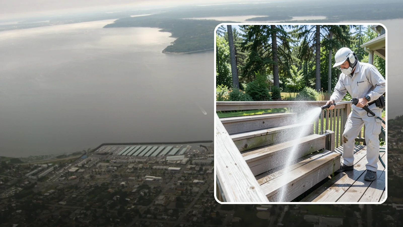 Deck Stair Cleaning in Des Moines, King County, WA - Clean deck stairs and stringers to remove the slick growth that makes wet steps hazardous.