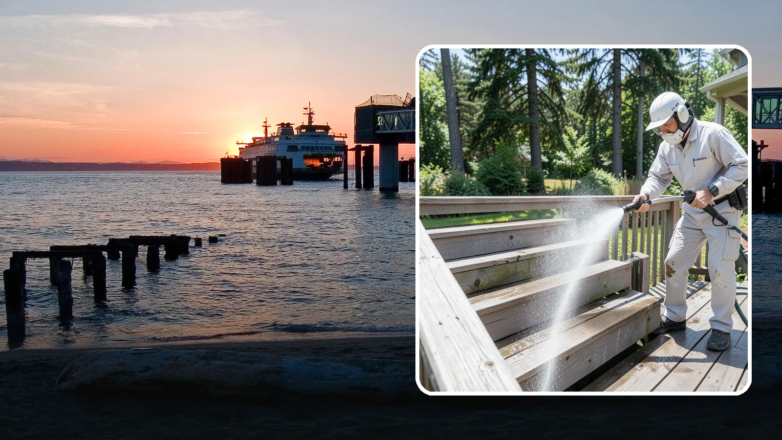 Deck Stair Cleaning in Edmonds, Snohomish County, WA - Clean deck stairs and stringers to remove the slick growth that makes wet steps hazardous.