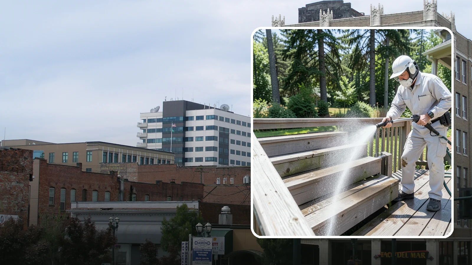 Deck Stair Cleaning in Everett, Snohomish County, WA - Clean deck stairs and stringers to remove the slick growth that makes wet steps hazardous.