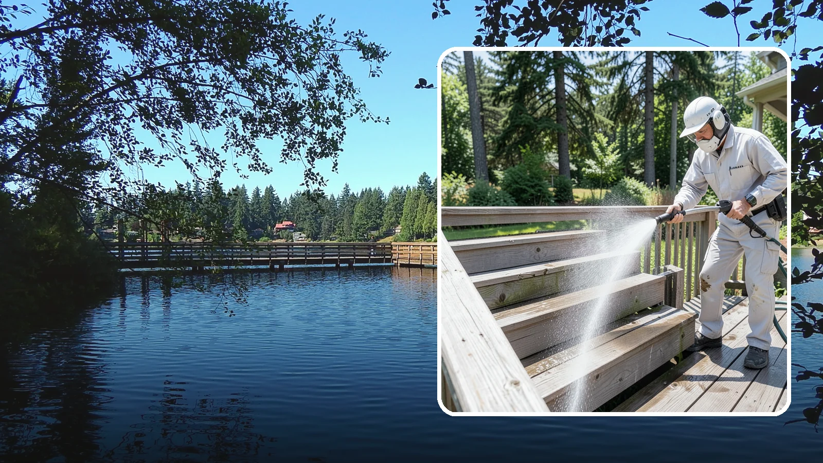 Deck Stair Cleaning in Federal Way, King County, WA - Clean deck stairs and stringers to remove the slick growth that makes wet steps hazardous.