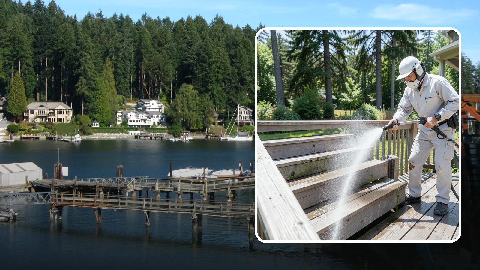 Deck Stair Cleaning in Gig Harbor, Pierce County, WA - Clean deck stairs and stringers to remove the slick growth that makes wet steps hazardous.