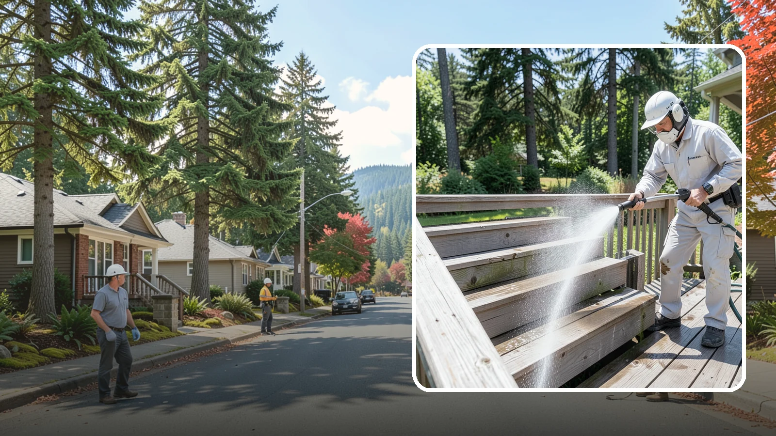Deck Stair Cleaning in Hunts Point, King County, WA - Clean deck stairs and stringers to remove the slick growth that makes wet steps hazardous.