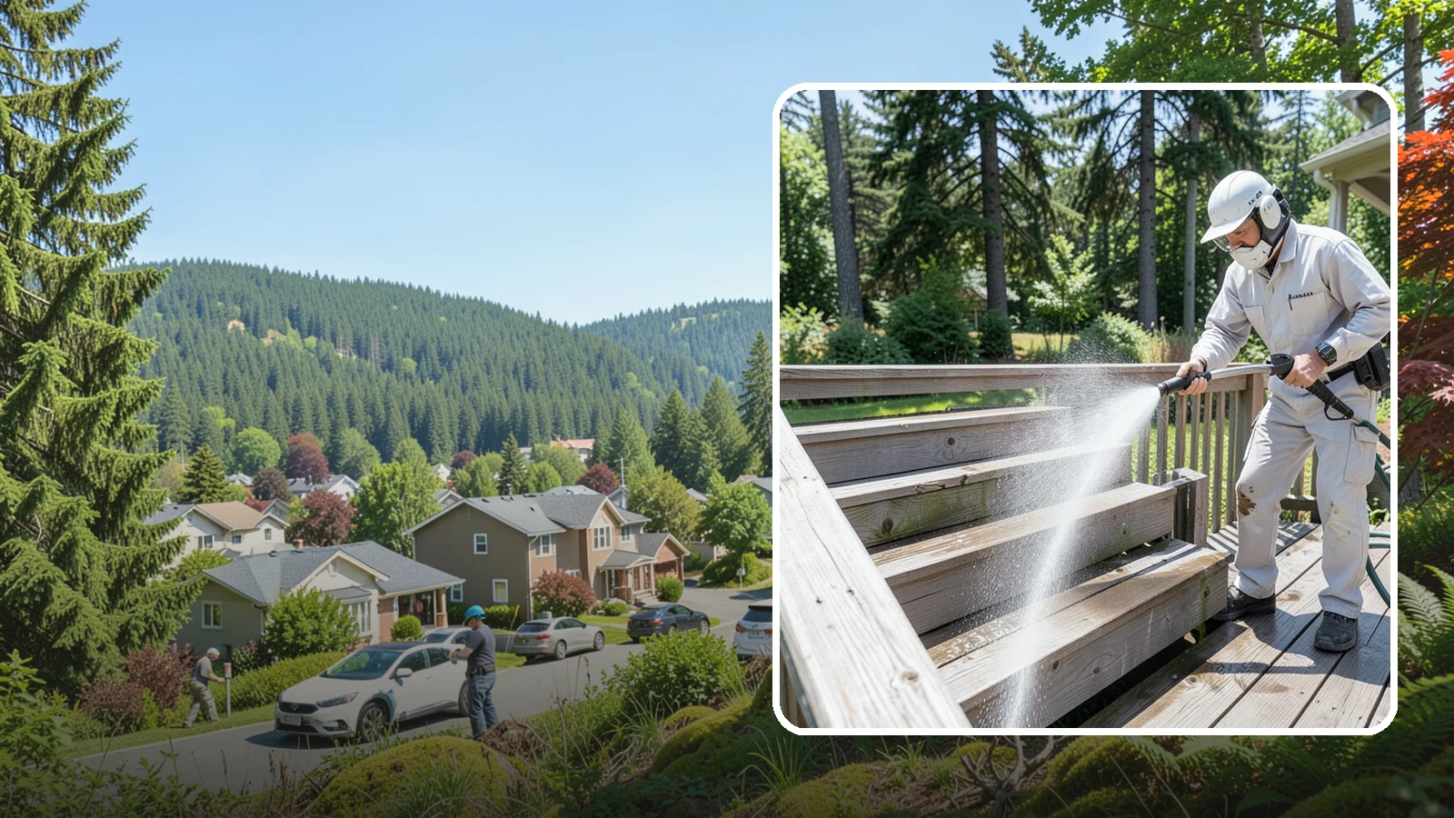 Deck Stair Cleaning in Index, Snohomish County, WA - Clean deck stairs and stringers to remove the slick growth that makes wet steps hazardous.