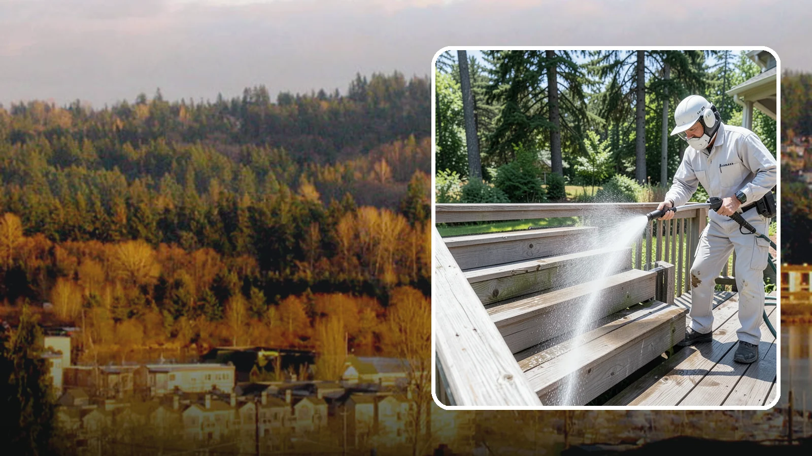 Deck Stair Cleaning in Kenmore, King County, WA - Clean deck stairs and stringers to remove the slick growth that makes wet steps hazardous.