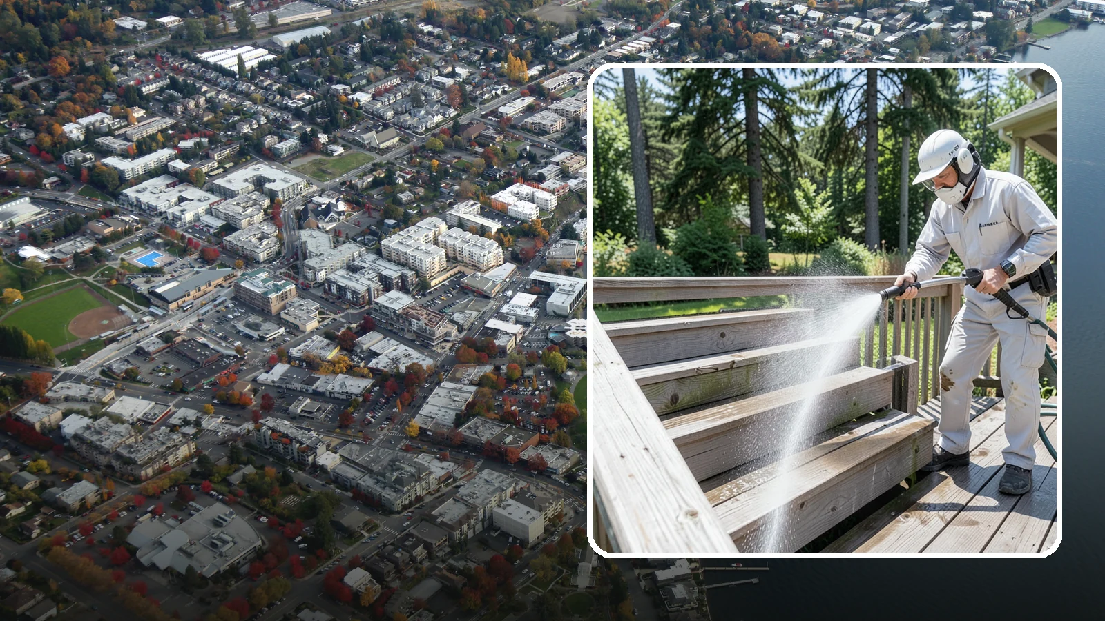 Deck Stair Cleaning in Kirkland, King County, WA - Clean deck stairs and stringers to remove the slick growth that makes wet steps hazardous.