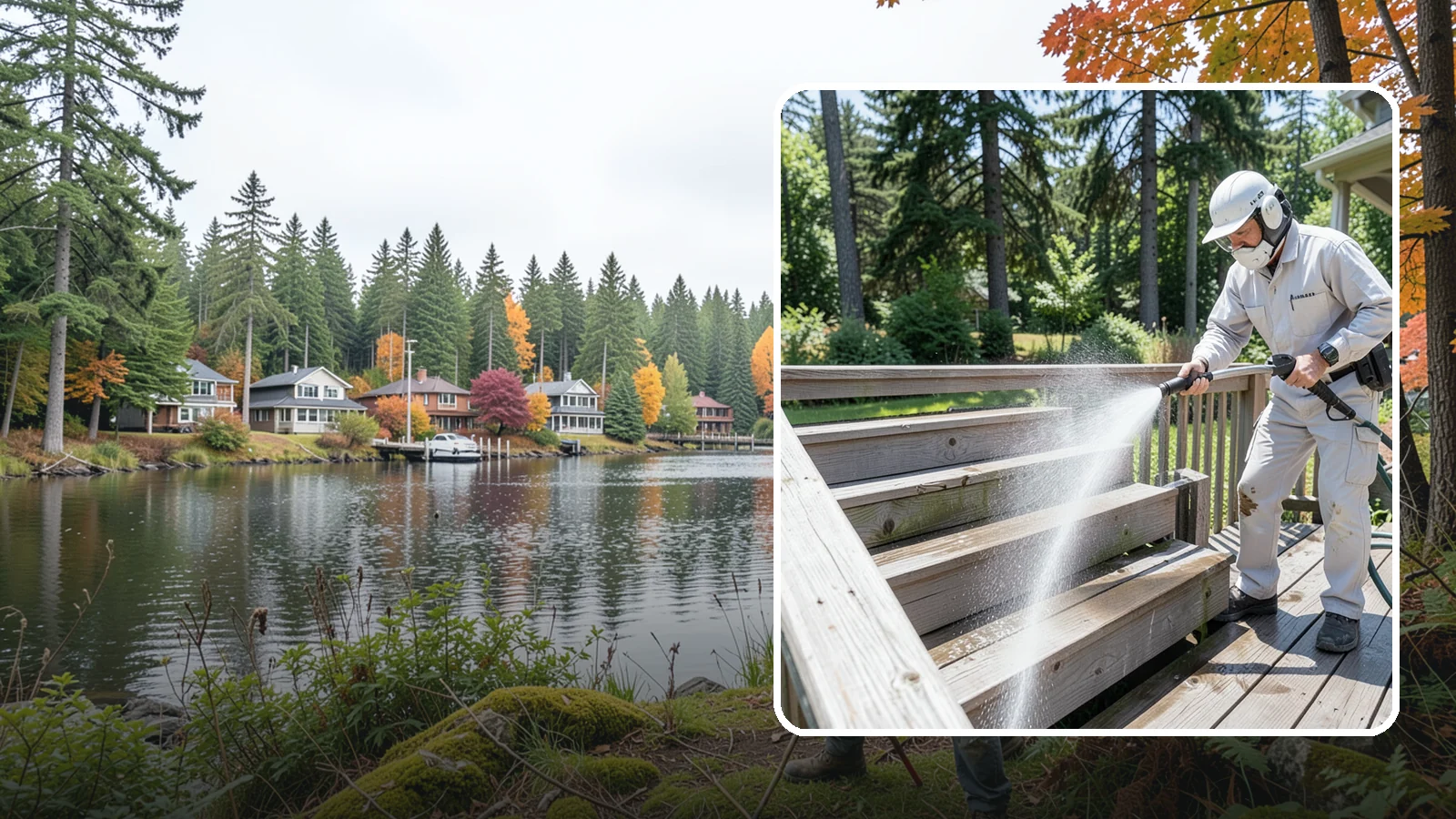 Deck Stair Cleaning in La Conner, Skagit County, WA - Clean deck stairs and stringers to remove the slick growth that makes wet steps hazardous.