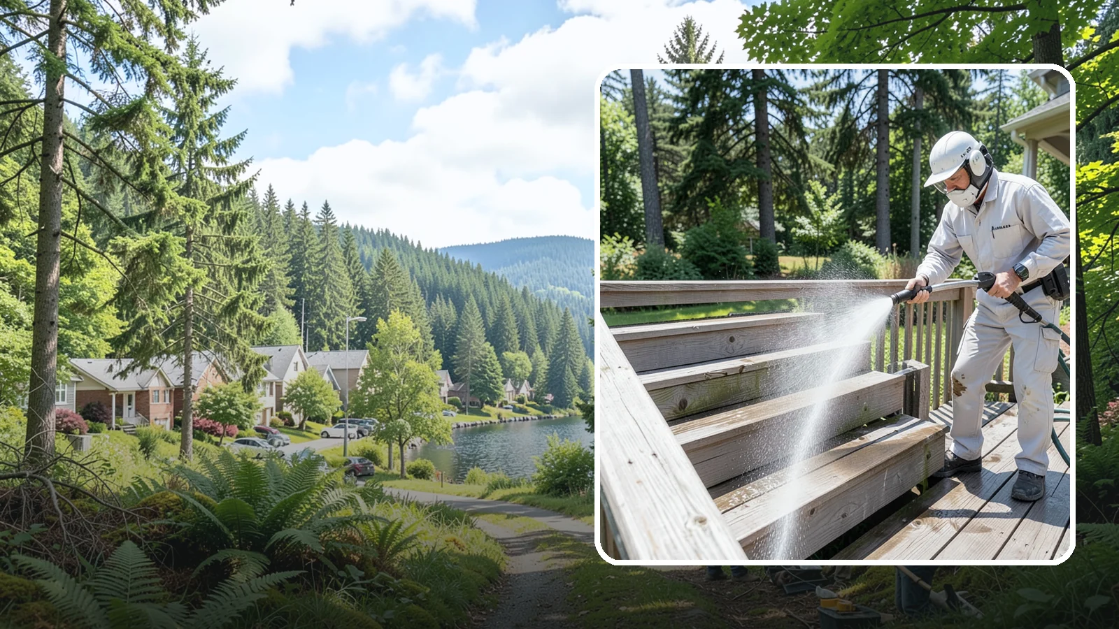 Deck Stair Cleaning in Lake Forest Park, King County, WA - Clean deck stairs and stringers to remove the slick growth that makes wet steps hazardous.