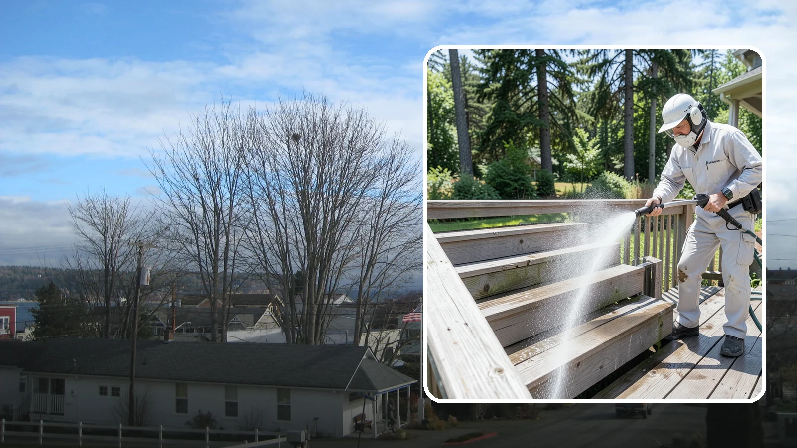 Deck Stair Cleaning in Langley, Island County, WA - Clean deck stairs and stringers to remove the slick growth that makes wet steps hazardous.