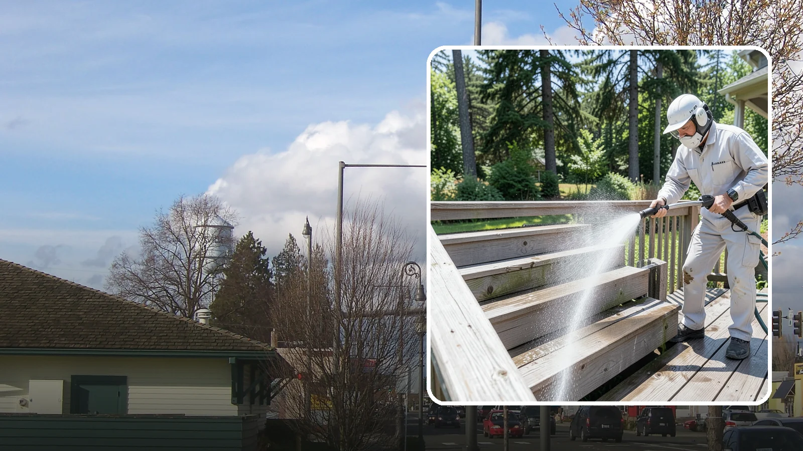Deck Stair Cleaning in Marysville, Snohomish County, WA - Clean deck stairs and stringers to remove the slick growth that makes wet steps hazardous.