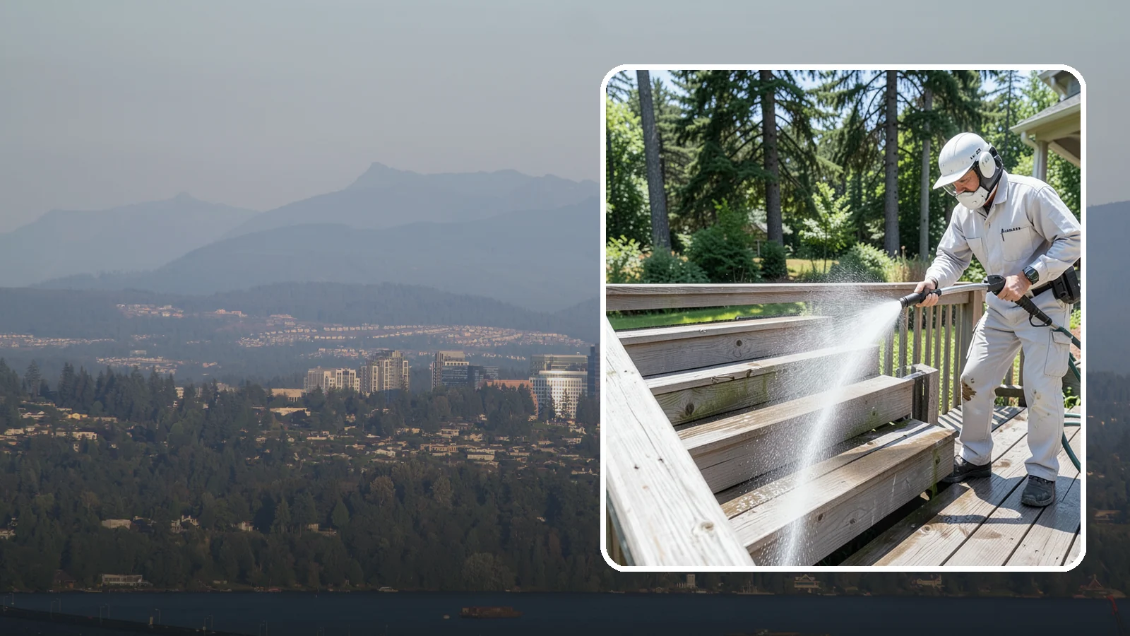 Deck Stair Cleaning in Medina, King County, WA - Clean deck stairs and stringers to remove the slick growth that makes wet steps hazardous.