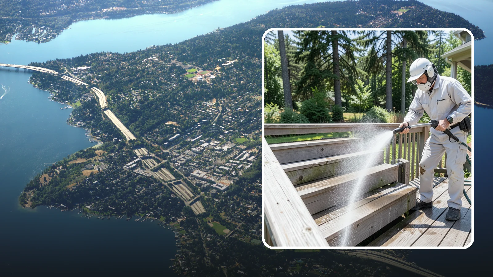 Deck Stair Cleaning in Mercer Island, King County, WA - Clean deck stairs and stringers to remove the slick growth that makes wet steps hazardous.