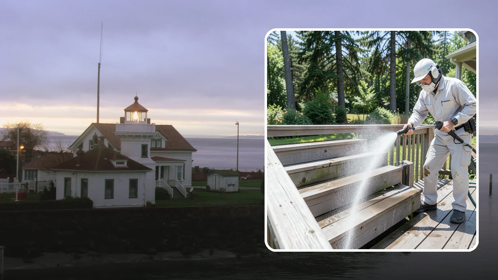 Deck Stair Cleaning in Mukilteo, Snohomish County, WA - Clean deck stairs and stringers to remove the slick growth that makes wet steps hazardous.
