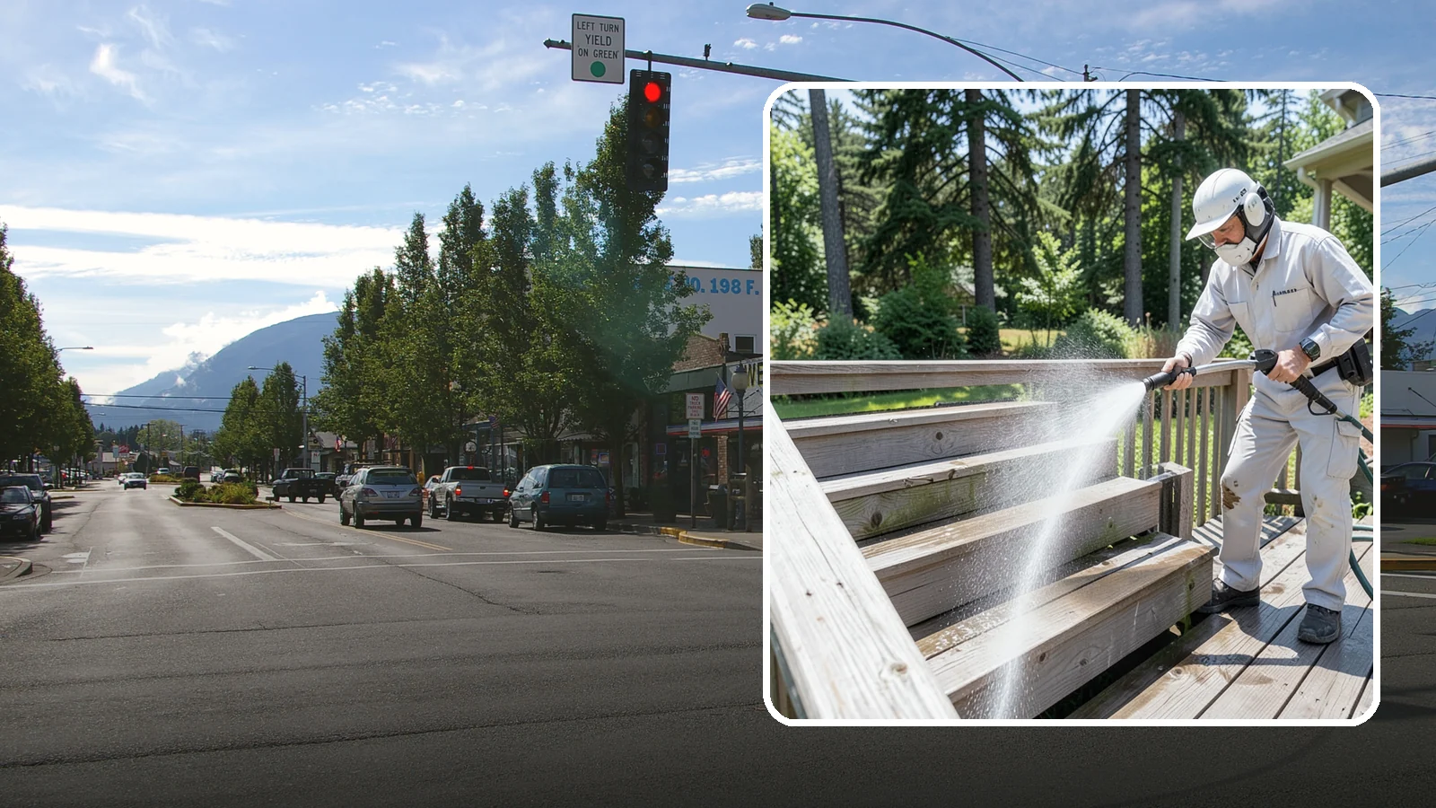 Deck Stair Cleaning in North Bend, King County, WA - Clean deck stairs and stringers to remove the slick growth that makes wet steps hazardous.