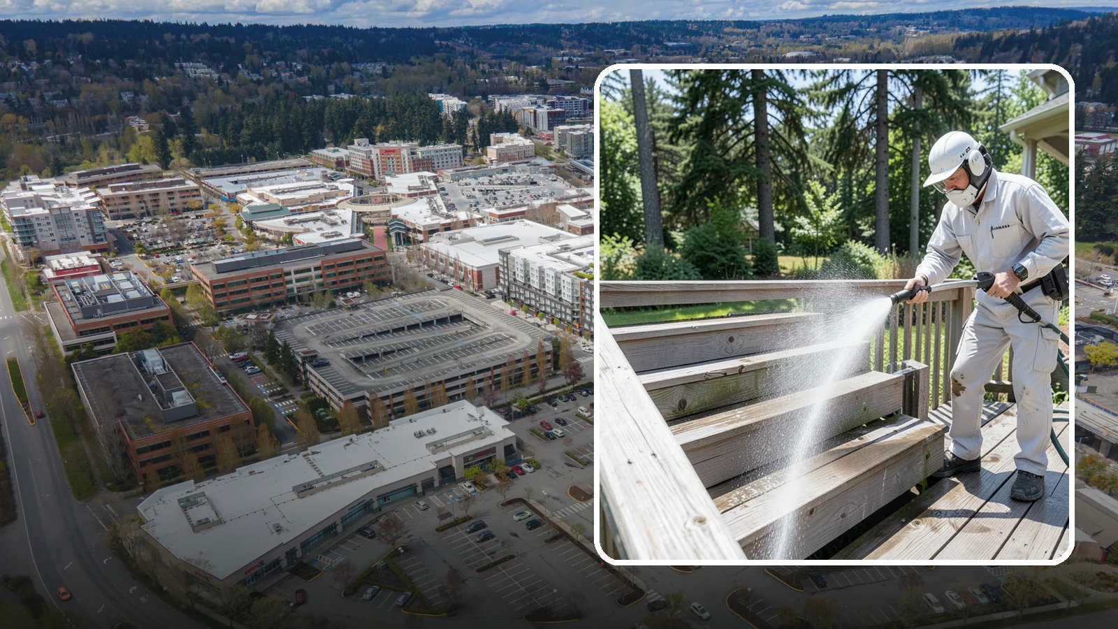 Deck Stair Cleaning in Redmond, King County, WA - Clean deck stairs and stringers to remove the slick growth that makes wet steps hazardous.