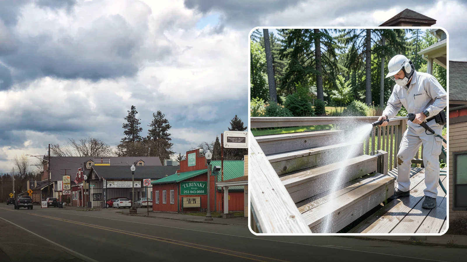 Deck Stair Cleaning in Roy, Pierce County, WA - Clean deck stairs and stringers to remove the slick growth that makes wet steps hazardous.