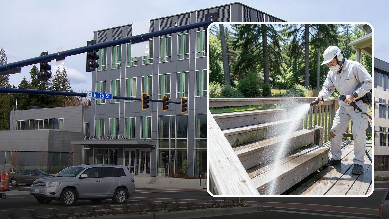 Deck Stair Cleaning in Shoreline, King County, WA - Clean deck stairs and stringers to remove the slick growth that makes wet steps hazardous.