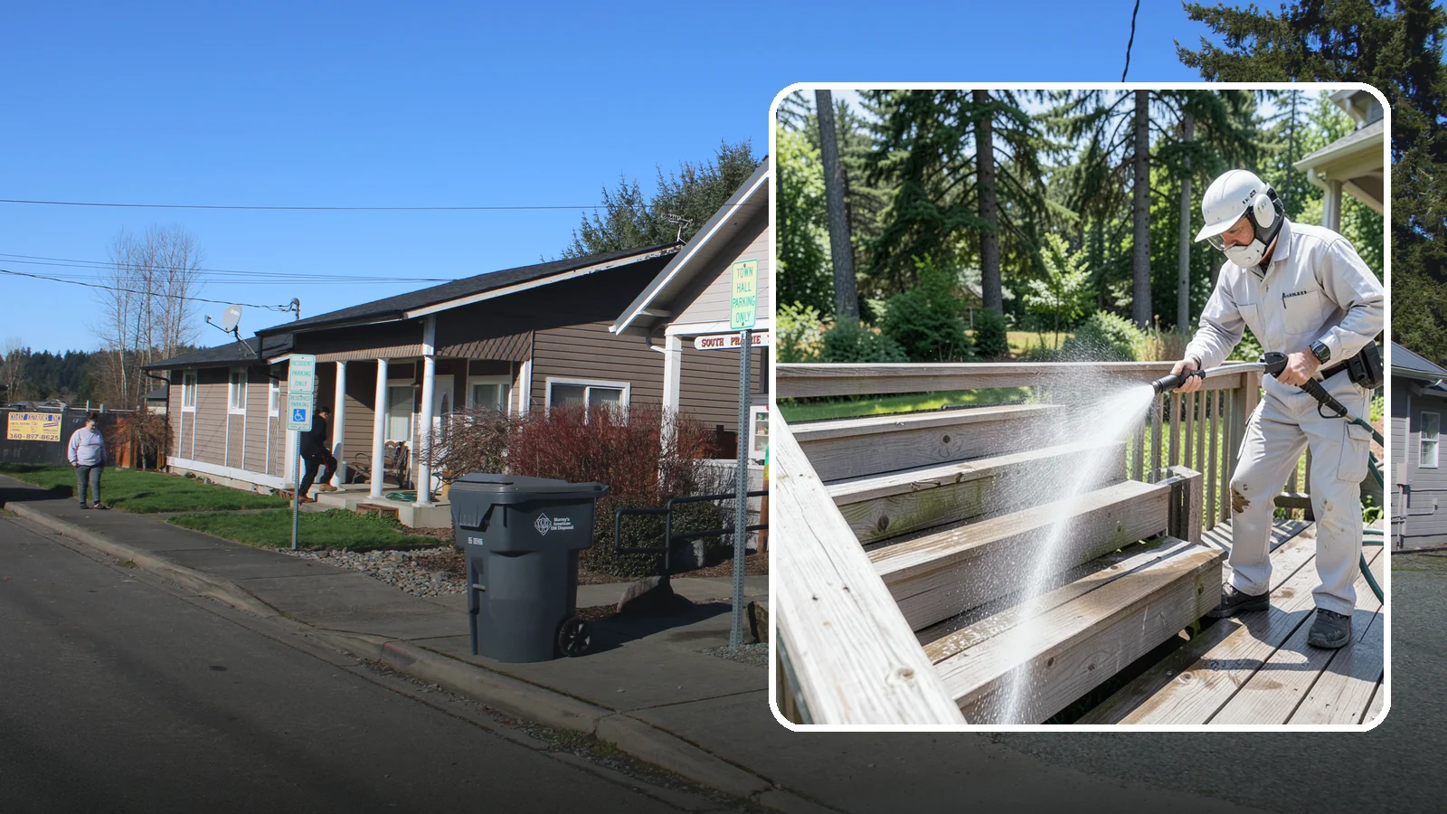 Deck Stair Cleaning in South Prairie, Pierce County, WA - Clean deck stairs and stringers to remove the slick growth that makes wet steps hazardous.