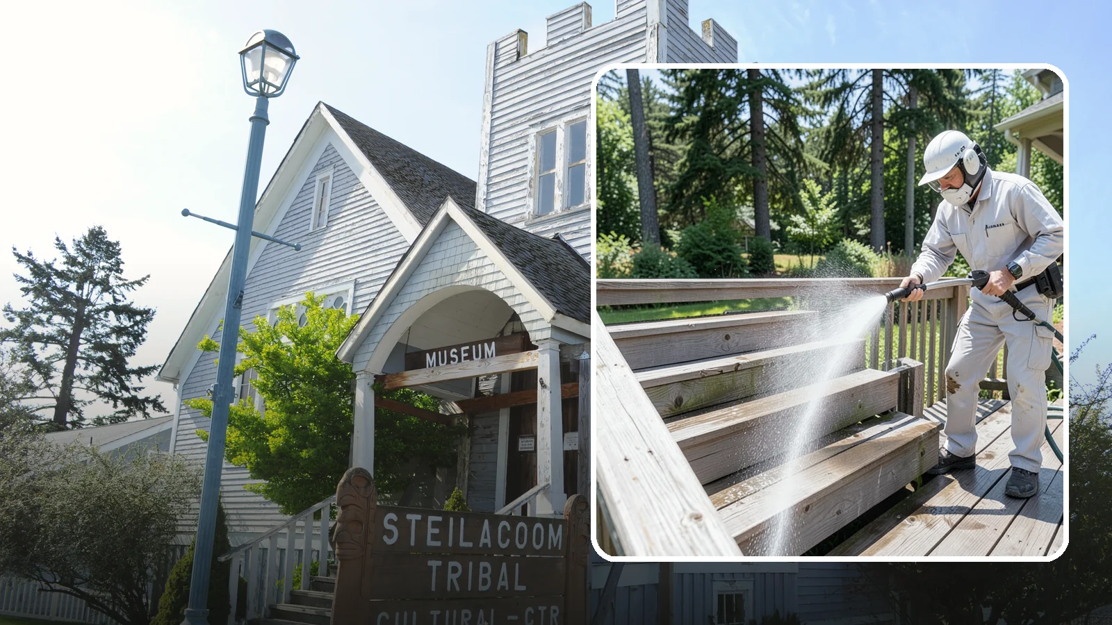 Deck Stair Cleaning in Steilacoom, Pierce County, WA - Clean deck stairs and stringers to remove the slick growth that makes wet steps hazardous.
