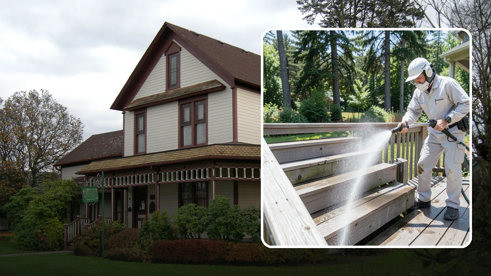 Deck Stair Cleaning in Sumner, Pierce County, WA - Clean deck stairs and stringers to remove the slick growth that makes wet steps hazardous.