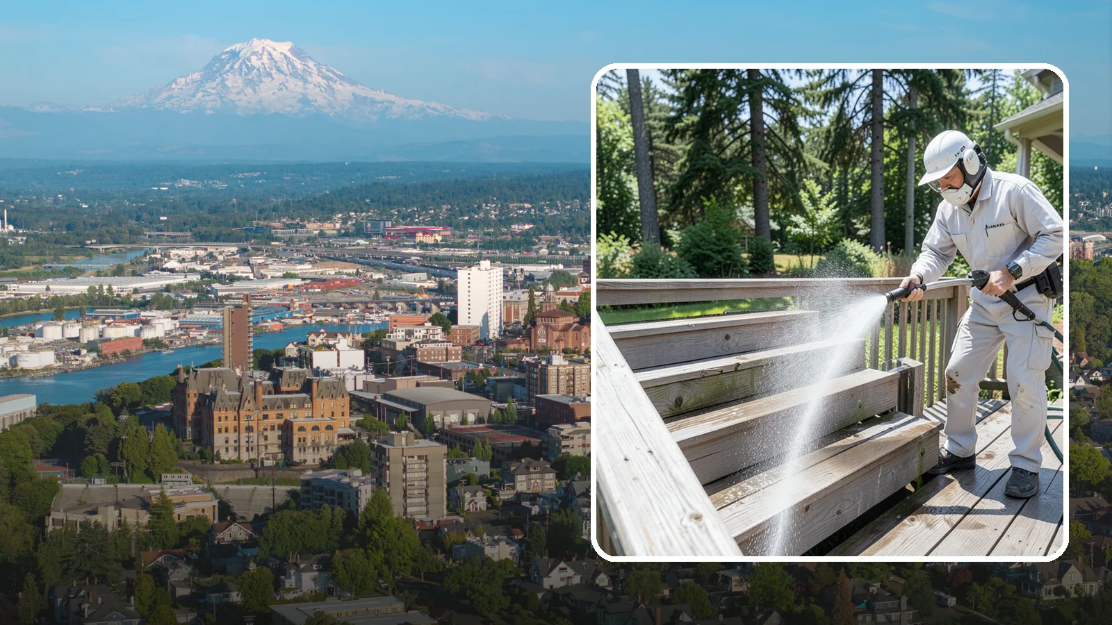 Deck Stair Cleaning in Tacoma, Pierce County, WA - Clean deck stairs and stringers to remove the slick growth that makes wet steps hazardous.
