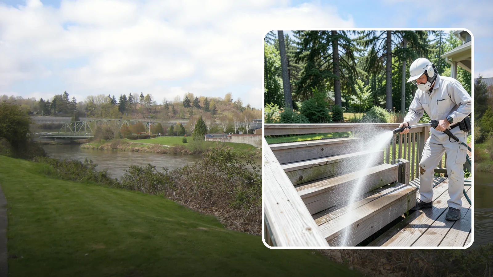 Deck Stair Cleaning in Tukwila, King County, WA - Clean deck stairs and stringers to remove the slick growth that makes wet steps hazardous.