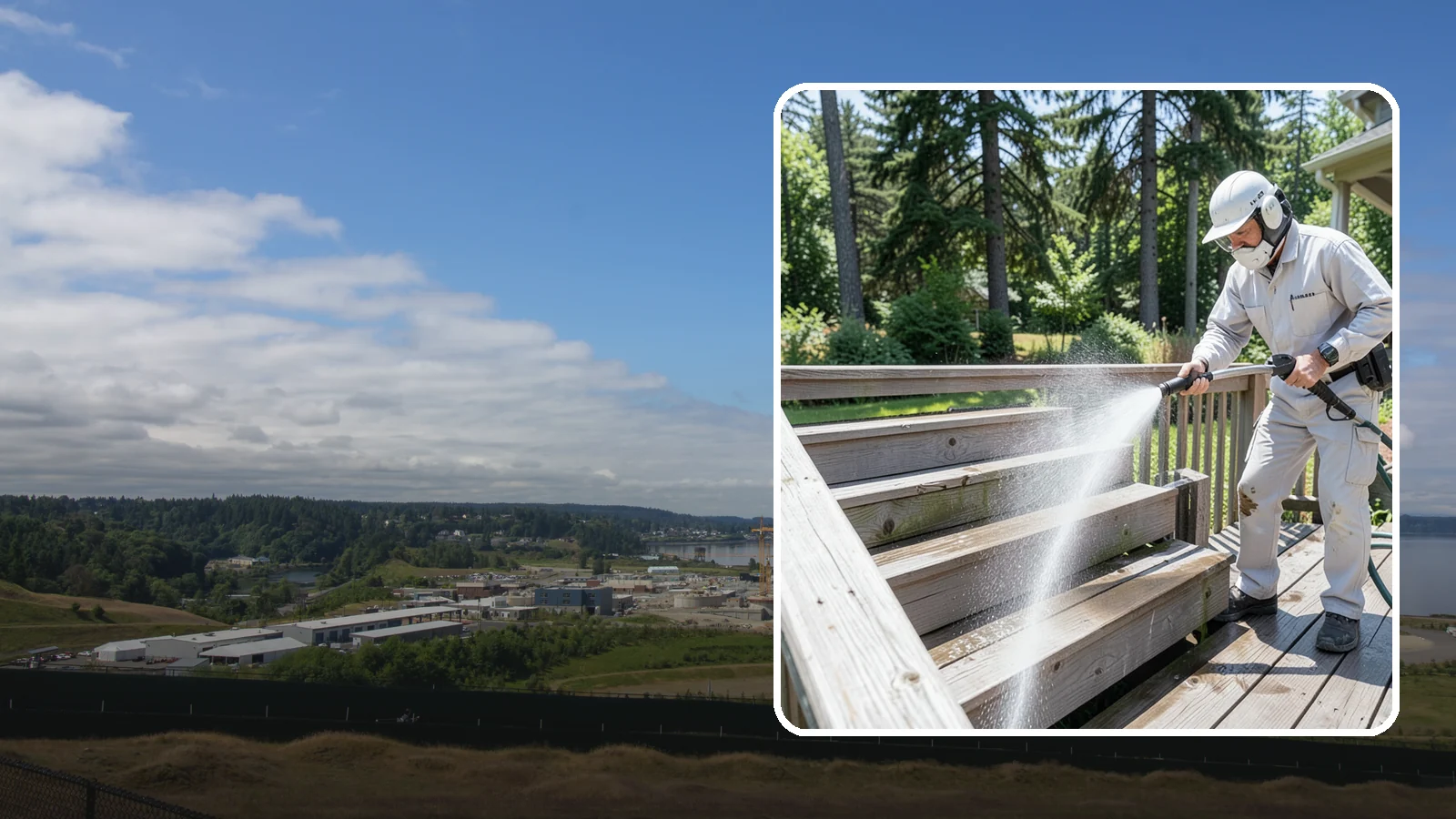 Deck Stair Cleaning in University Place, Pierce County, WA - Clean deck stairs and stringers to remove the slick growth that makes wet steps hazardous.