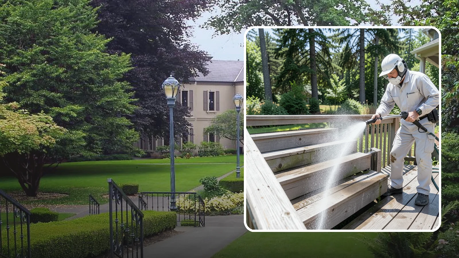 Deck Stair Cleaning in Woodinville, King County, WA - Clean deck stairs and stringers to remove the slick growth that makes wet steps hazardous.