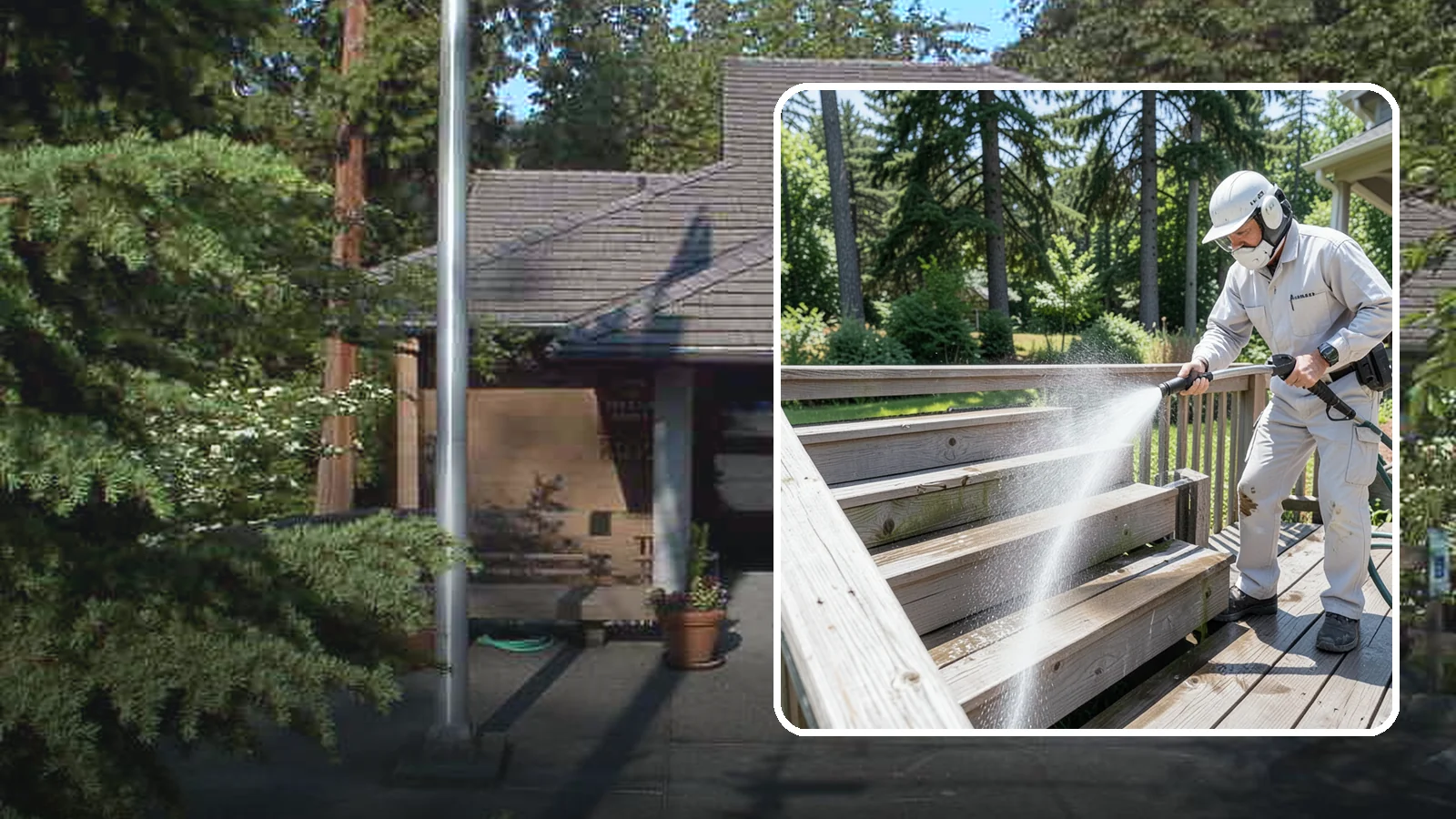 Deck Stair Cleaning in Yarrow Point, King County, WA - Clean deck stairs and stringers to remove the slick growth that makes wet steps hazardous.