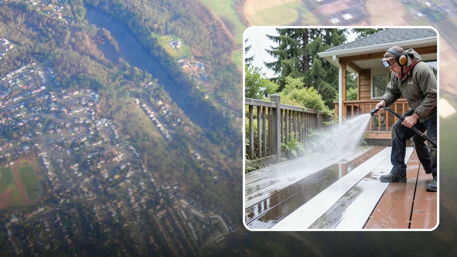 Deck Washing in Algona, King County, WA - Soft wash decks to lift grey weathering and green growth without gouging the wood.