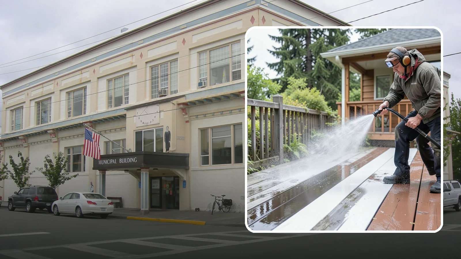 Deck Washing in Anacortes, Skagit County, WA - Soft wash decks to lift grey weathering and green growth without gouging the wood.