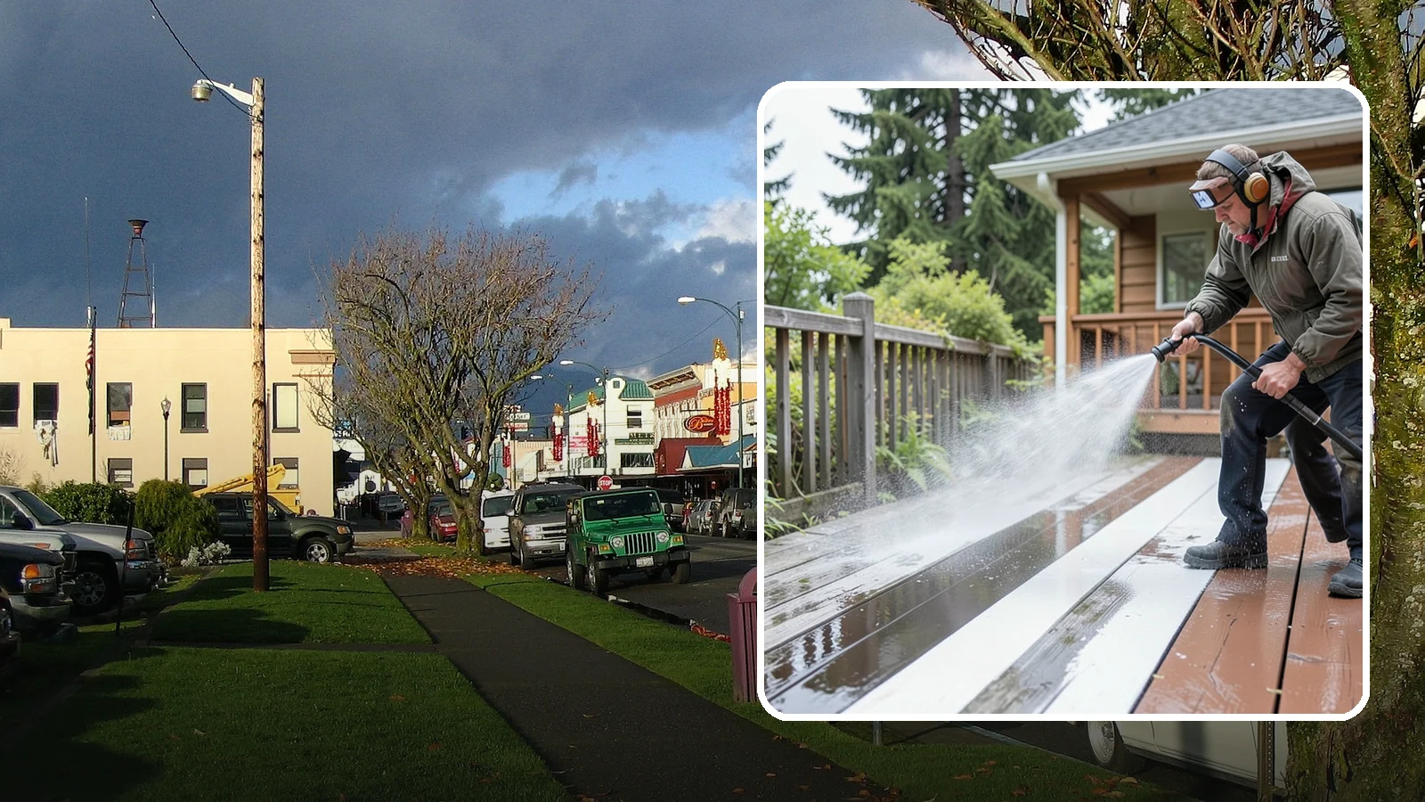 Deck Washing in Arlington, Snohomish County, WA - Soft wash decks to lift grey weathering and green growth without gouging the wood.