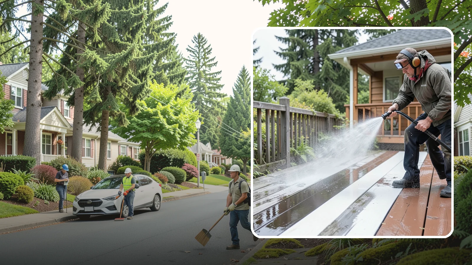 Deck Washing in Beaux Arts Village, King County, WA - Soft wash decks to lift grey weathering and green growth without gouging the wood.