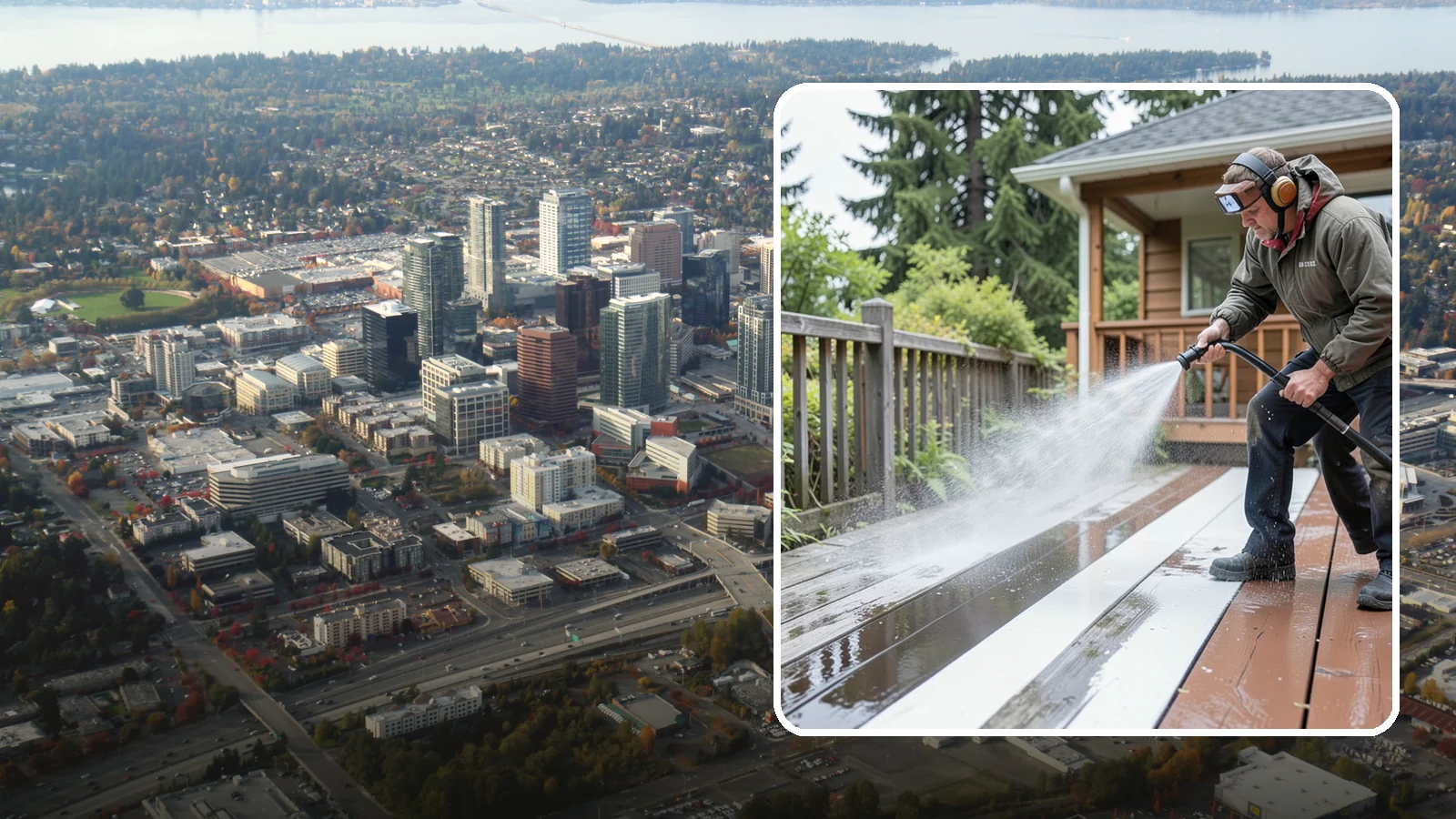 Deck Washing in Bellevue, King County, WA - Soft wash decks to lift grey weathering and green growth without gouging the wood.