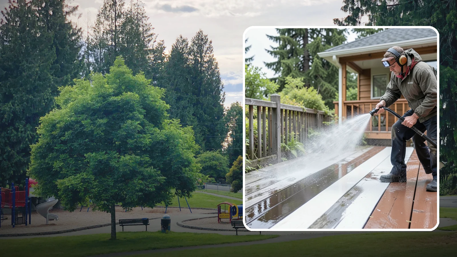 Deck Washing in Bonney Lake, Pierce County, WA - Soft wash decks to lift grey weathering and green growth without gouging the wood.