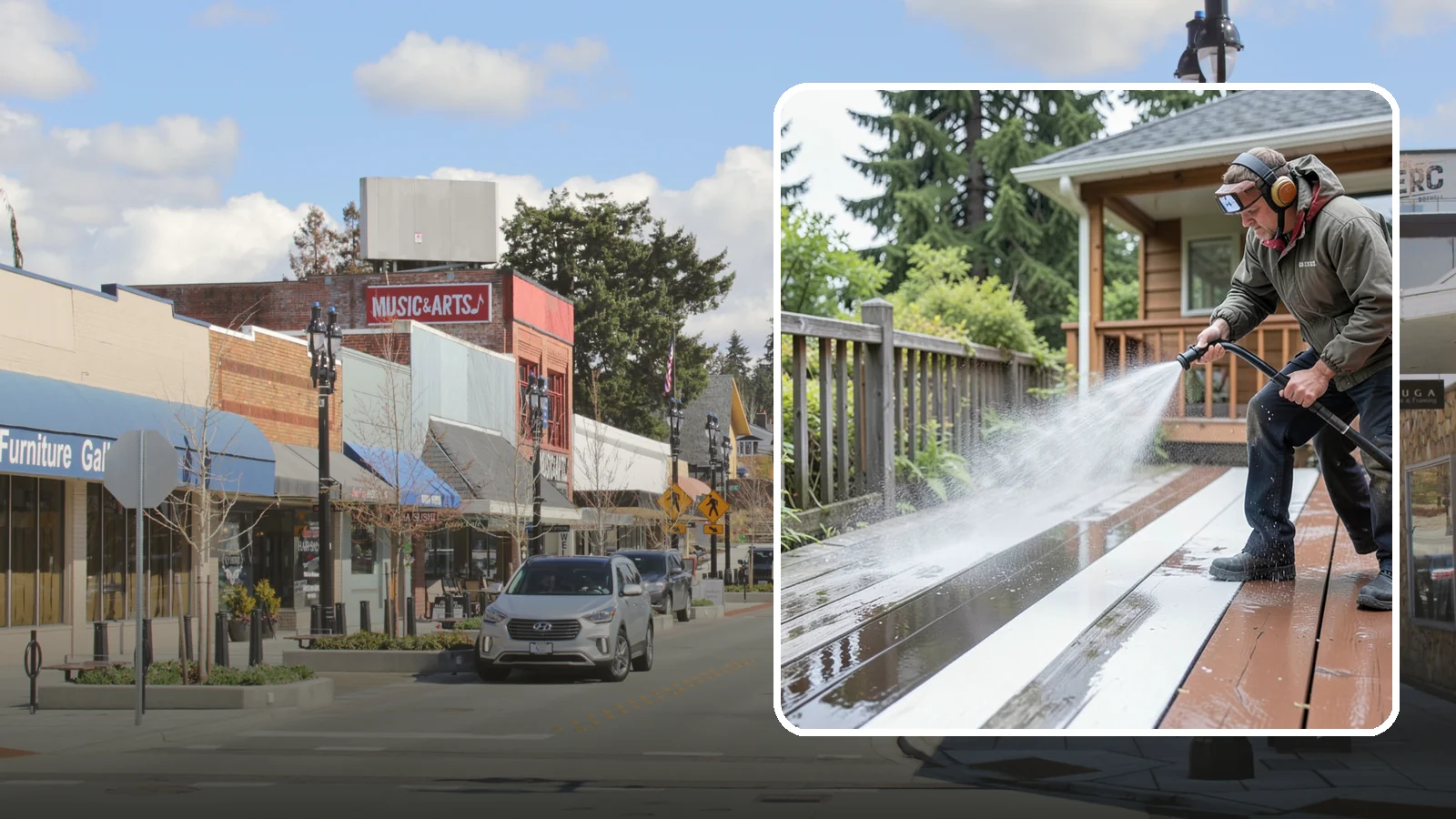 Deck Washing in Bothell, King County, WA - Soft wash decks to lift grey weathering and green growth without gouging the wood.