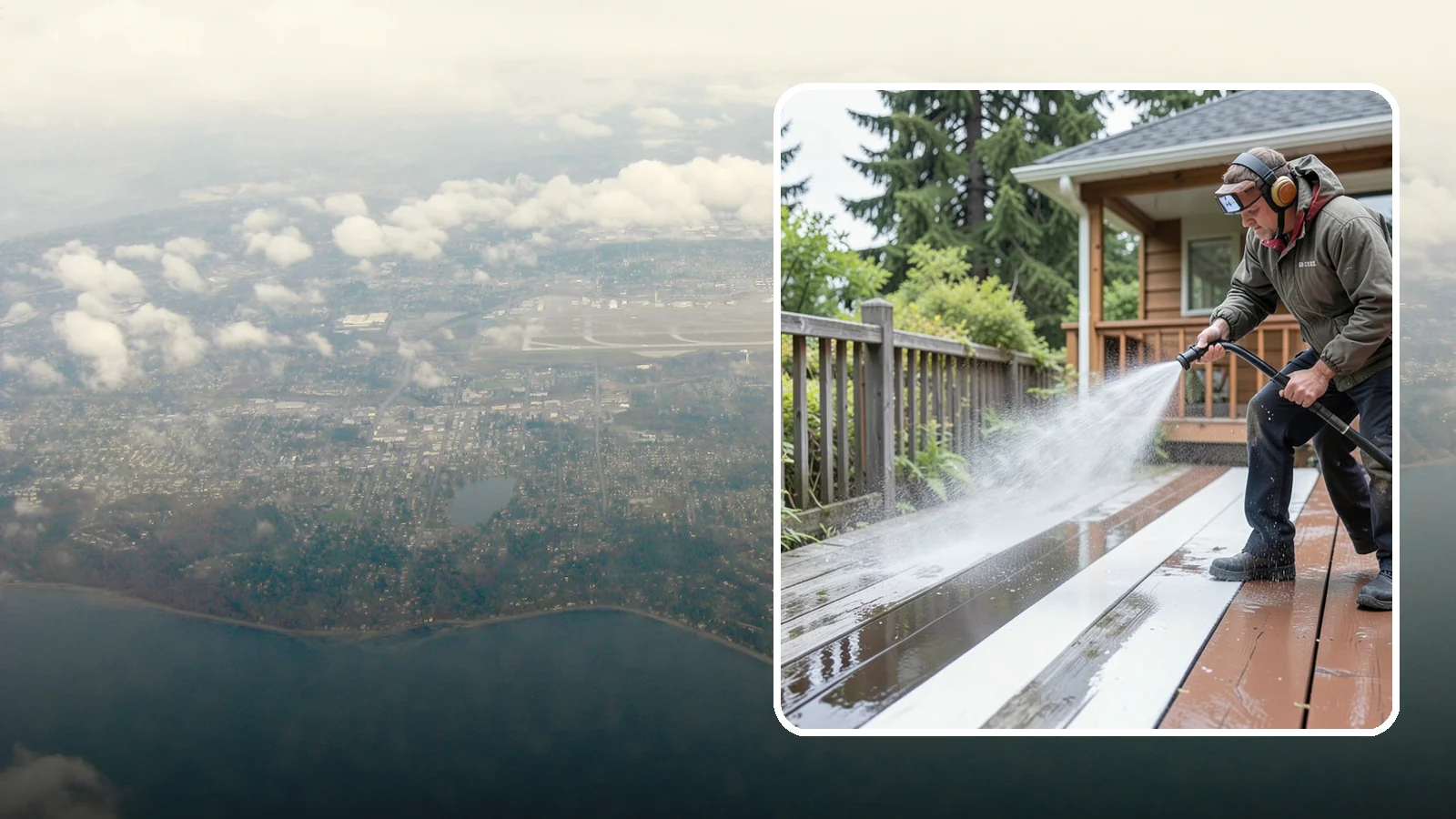 Deck Washing in Burien, King County, WA - Soft wash decks to lift grey weathering and green growth without gouging the wood.
